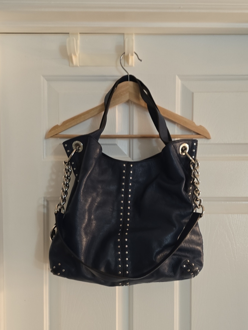 Navy Blue Michael Kors Astor Silver Studded Leather Tote Bag